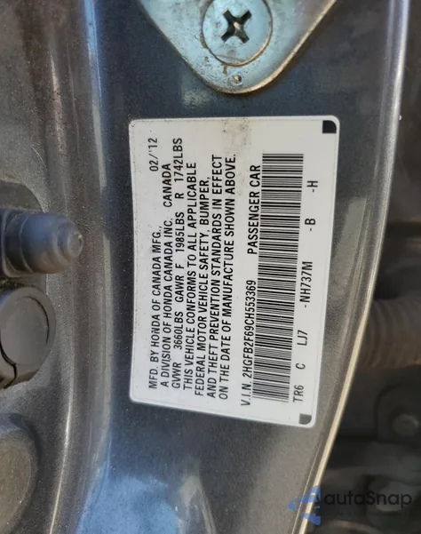 2012 Honda Civic Hf из США, поврежденный, VIN 2HGFB2F69CH553369